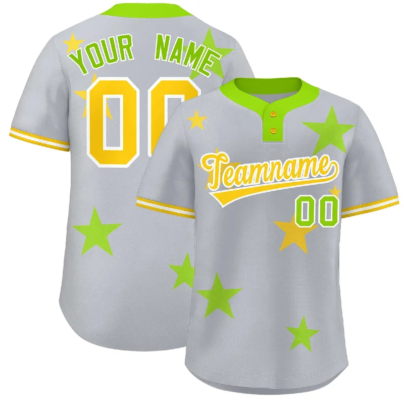 Custom Gray Neon Green Personalized Star Graffiti Pattern Authentic Two-Button Baseball Jersey Refined Men's Hand