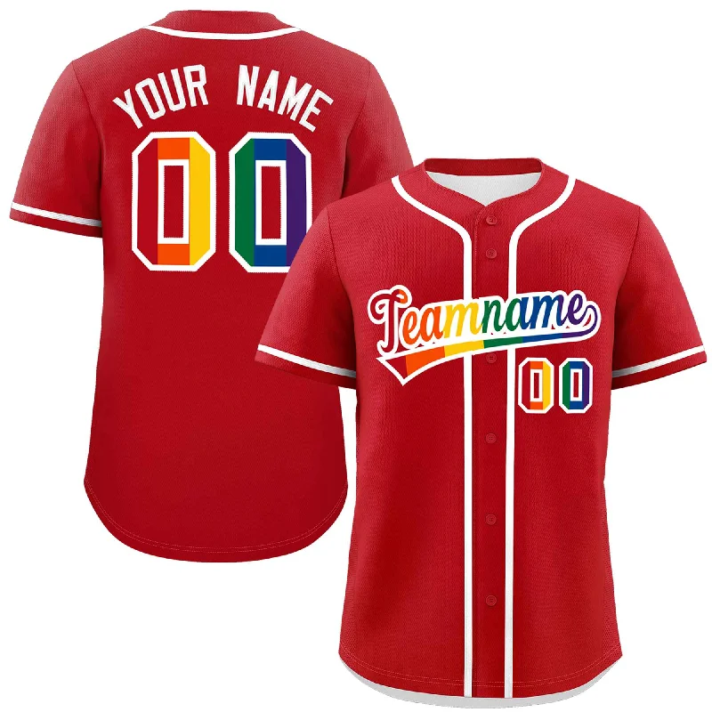 Custom Red LGBT Rainbow For Pride Month Classic Style Authentic Baseball Jersey Luxurious Men's High