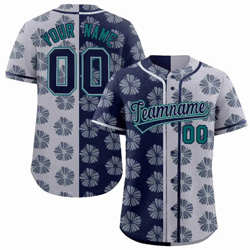 Custom Navy Light Gray Split Fashion Flower Graffiti Pattern Authentic Baseball Jersey Rugged Men's Outdoor 