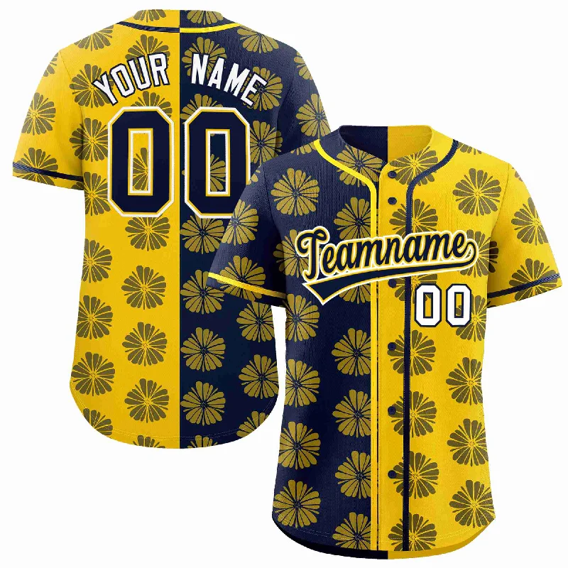 Custom Navy Gold Split Fashion Flower Graffiti Pattern Authentic Baseball Jersey Streetwear Style