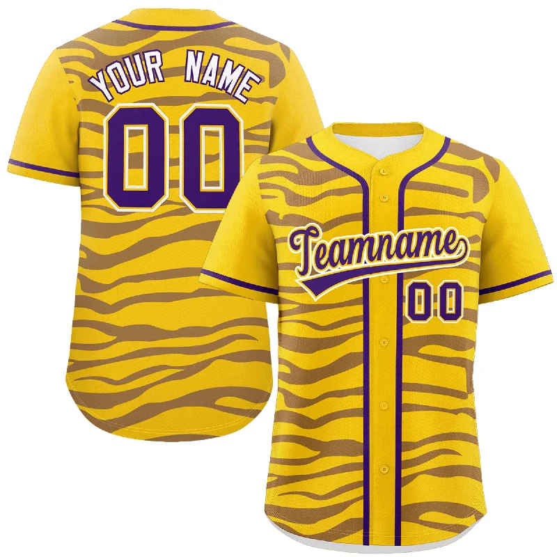 Custom Gold Purple Zebra Stripes Graffiti Pattern Authentic Baseball Jersey Laid