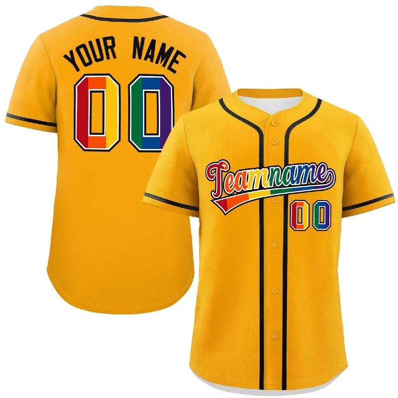 Custom Yellow LGBT Rainbow For Pride Month Classic Style Authentic Baseball Jersey Refined Men's Classic 