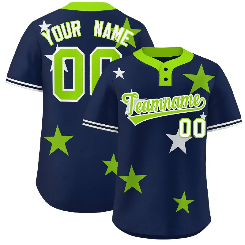 Custom Navy Neon Green Personalized Star Graffiti Pattern Authentic Two-Button Baseball Jersey Dapper Men's Bow