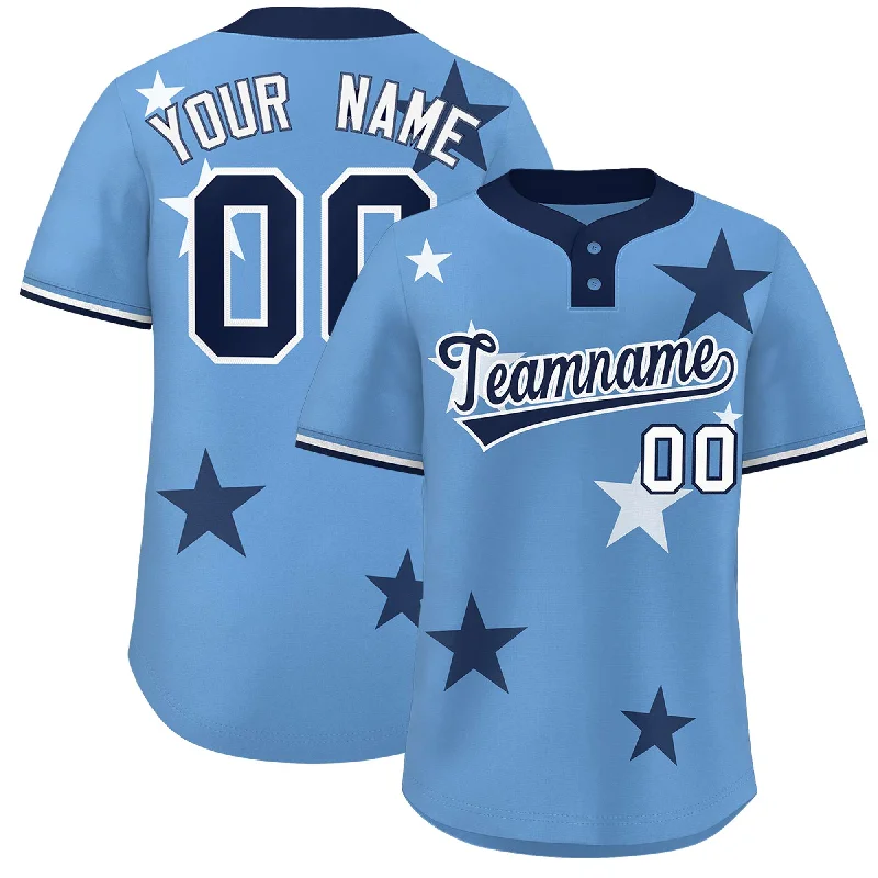 Custom Light Blue Navy Personalized Star Graffiti Pattern Authentic Two-Button Baseball Jersey Refined Men's Velvet