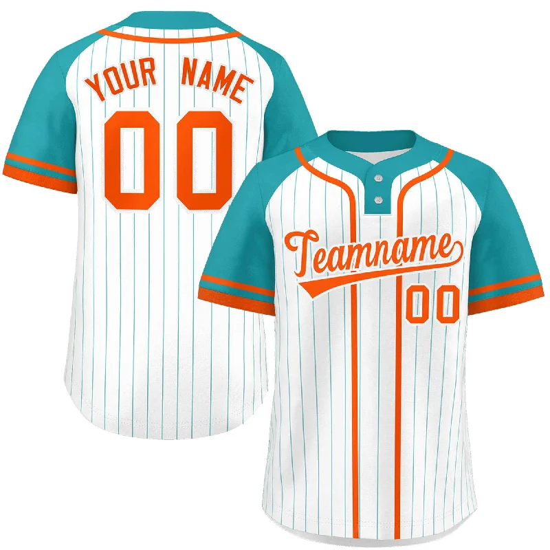 Custom White Aqua-Orange Stripe Fashion Raglan Sleeves Authentic Two-Button Baseball Jersey Beach