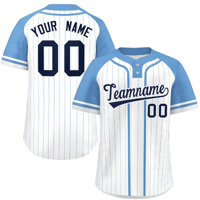 Custom White Light Blue Stripe Fashion Raglan Sleeves Authentic Two-Button Baseball Jersey Athletic Men's High