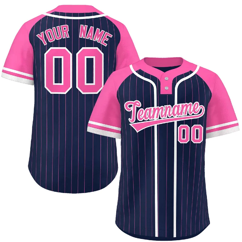 Custom Navy Pink-White Stripe Fashion Raglan Sleeves Authentic Two-Button Baseball Jersey Classic Men's Pin