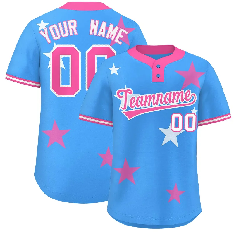 Custom Powder Blue Pink Personalized Star Graffiti Pattern Authentic Two-Button Baseball Jersey Earthy Men's Hemp