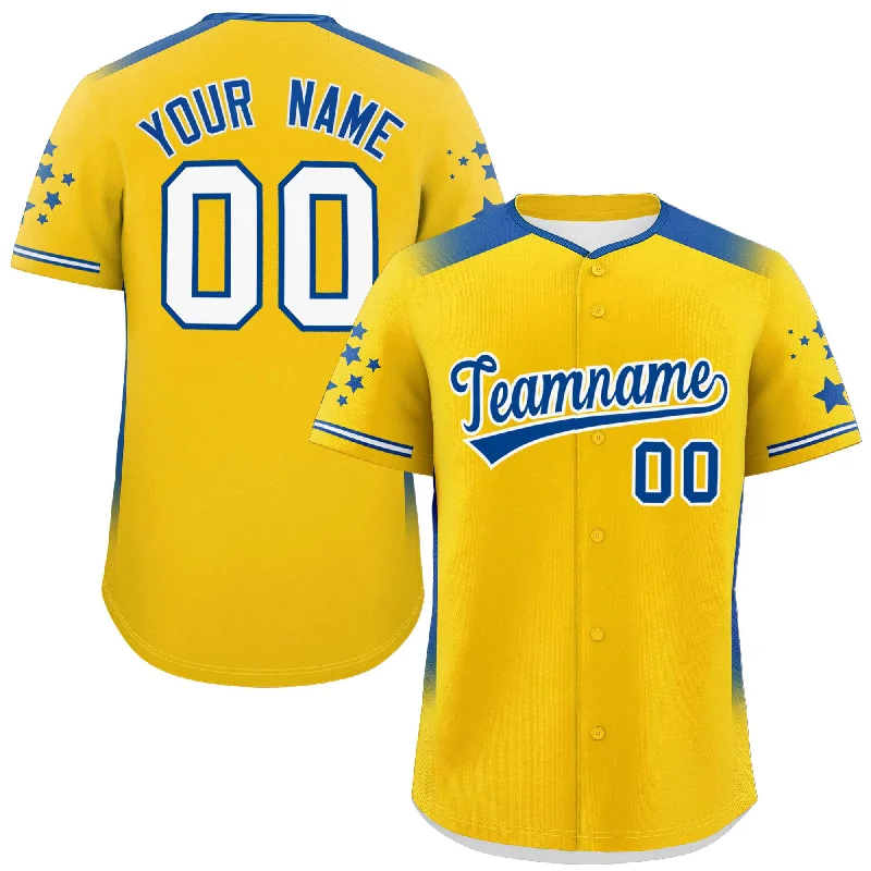 Custom Gold Royal Gradient Side Personalized Star Pattern Authentic Baseball Jersey Bold Men's Statement