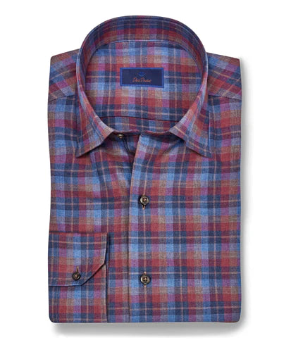 David Donahue Chocolate and Berry Brushed Plaid Shirt Refined Men's Hand