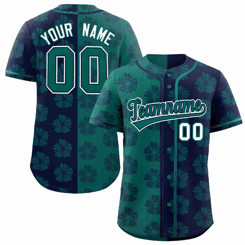 Custom Aqua Navy Split Fashion Flower Graffiti Pattern Authentic Baseball Jersey Elegant Men's Formal 