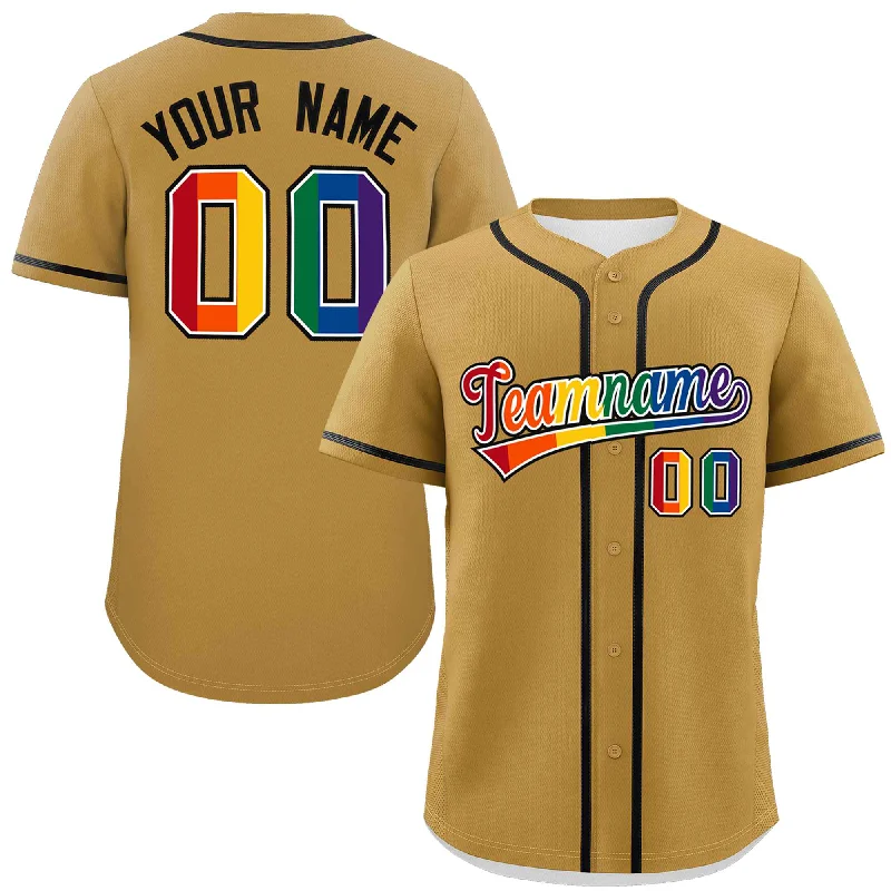 Custom Old Gold LGBT Rainbow For Pride Month Classic Style Authentic Baseball Jersey Sophisticated Men's French