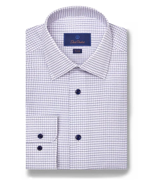 David Donahue Navy & White Micro Windowpane Dress Shirt (Trim) Earthy Men's Sustainable 