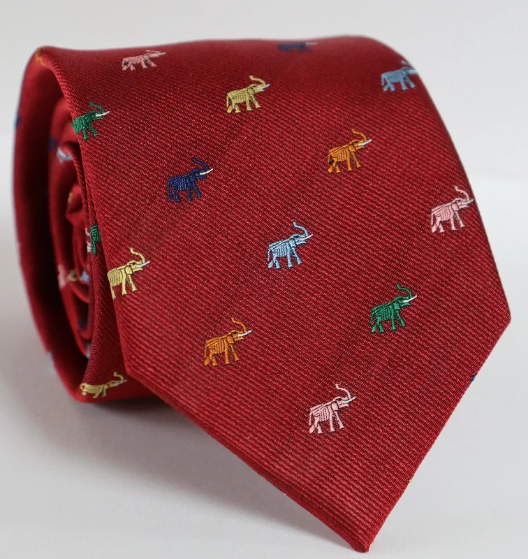 The Shirt Shop Tall Tie - Crimson w/ Multi-Color Elephants Laid