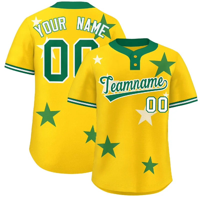 Custom Gold Kelly Green Personalized Star Graffiti Pattern Authentic Two-Button Baseball Jersey Preppy Men's College