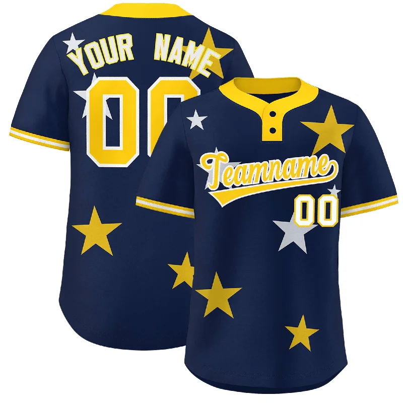 Custom Navy Gold Personalized Star Graffiti Pattern Authentic Two-Button Baseball Jersey Elegant Men's Cashmere