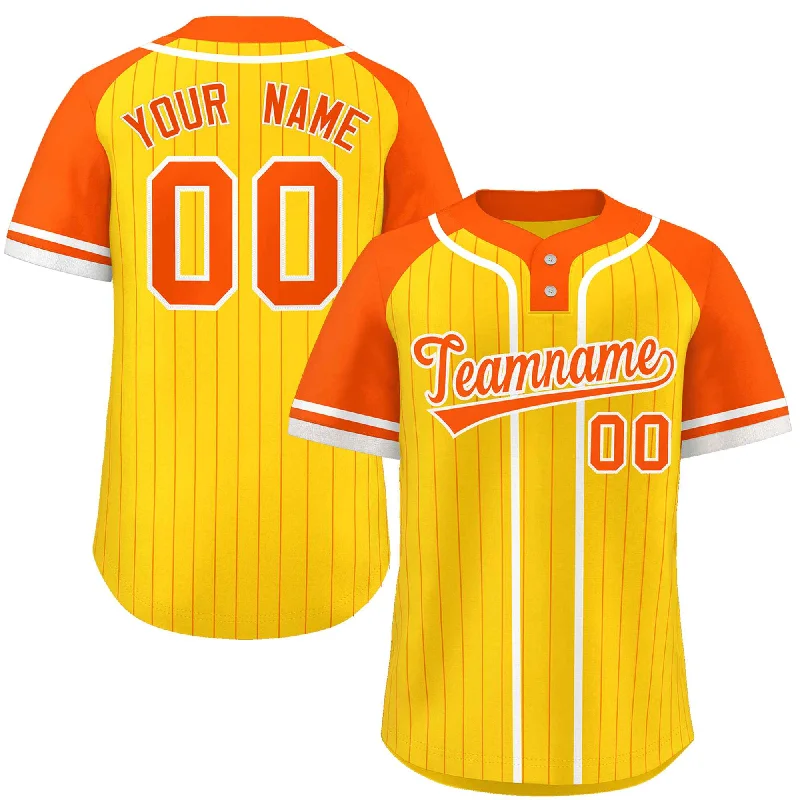 Custom Gold Orange-White Stripe Fashion Raglan Sleeves Authentic Two-Button Baseball Jersey Confident Men's Power