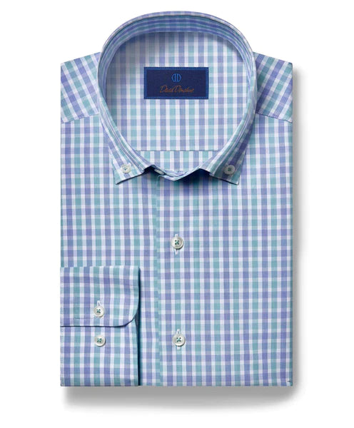 David Donahue Blue & Seafoam Poplin Check Sport Shirt Bold Men's Animal