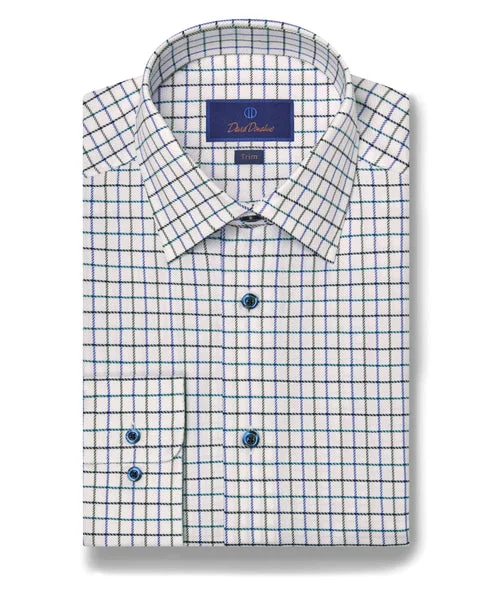 David Donahue White & Green Windowpane Dress Shirt Rugged Men's Outdoor 