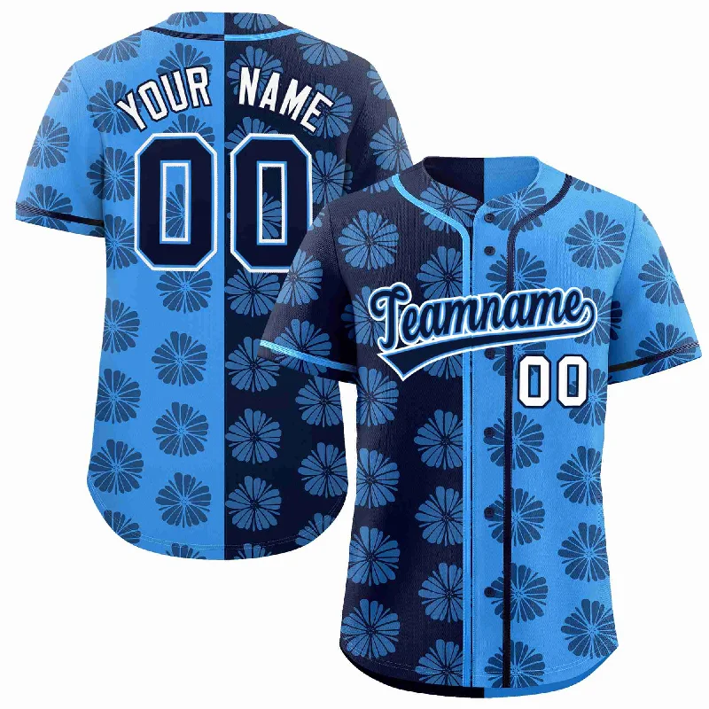 Custom Navy Powder Blue Split Fashion Flower Graffiti Pattern Authentic Baseball Jersey Casual Men's Short