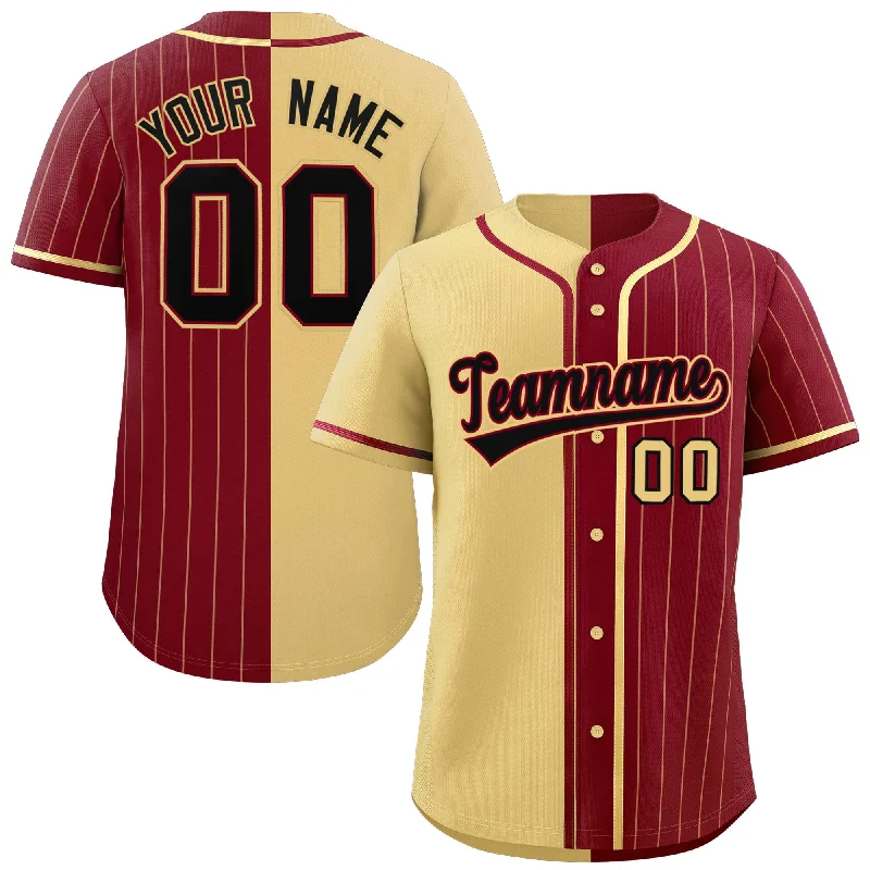 Custom Khaki Crimson Stripe-Solid Combo Fashion Authentic Baseball Jersey Laid