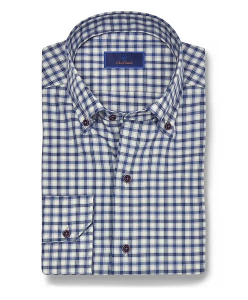 David Donahue Navy & Blue Brushed Check Shirt Casual Men's Short