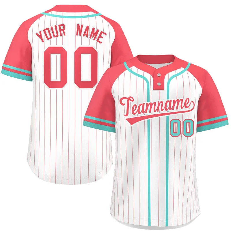 Custom White Light Red-Aqua Stripe Fashion Raglan Sleeves Authentic Two-Button Baseball Jersey Cozy Men's Winter