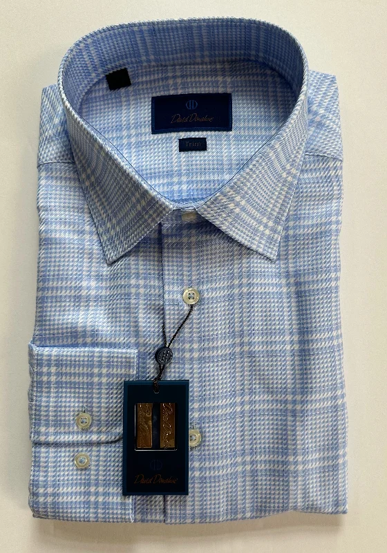 David Donahue Sky & White Micro Check Dress Shirt (Trim Fit) Refined Men's Hand