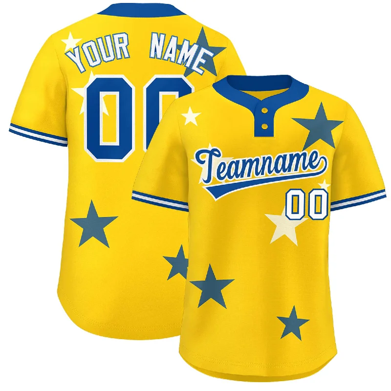 Custom Gold Royal Personalized Star Graffiti Pattern Authentic Two-Button Baseball Jersey Laid