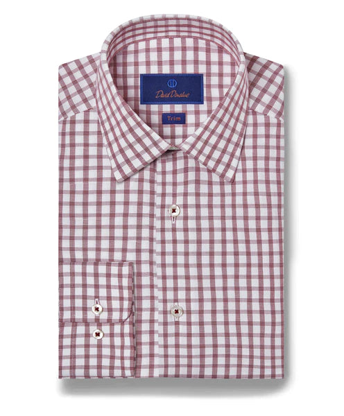 David Donahue Trim fitWhite & Merlot Dobby Windowpane Dress Shirt Bold Men's Animal