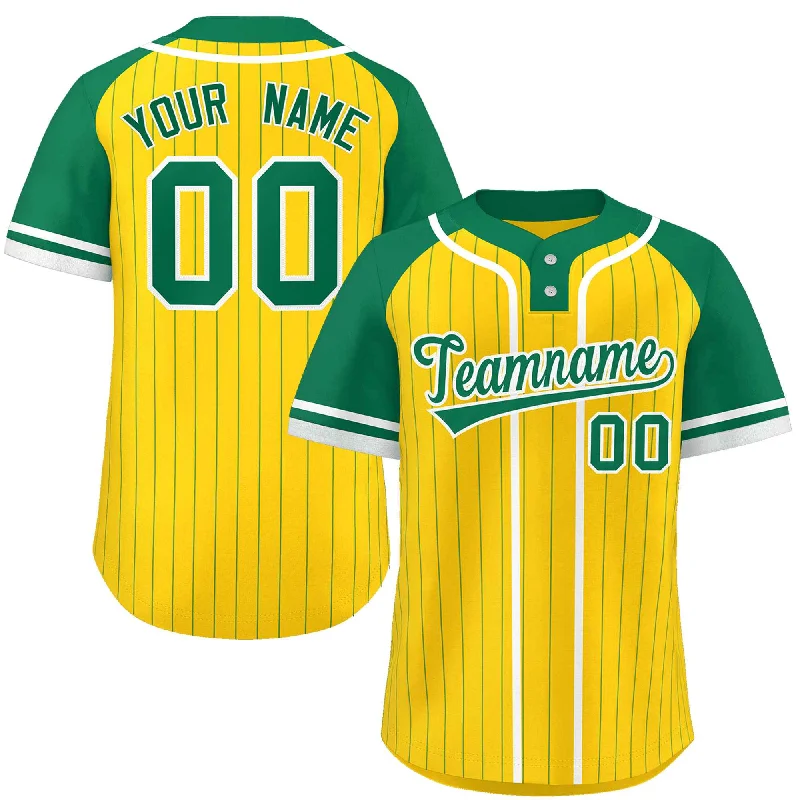 Custom Gold Kelly Green-White Stripe Fashion Raglan Sleeves Authentic Two-Button Baseball Jersey Polished Men's Satin