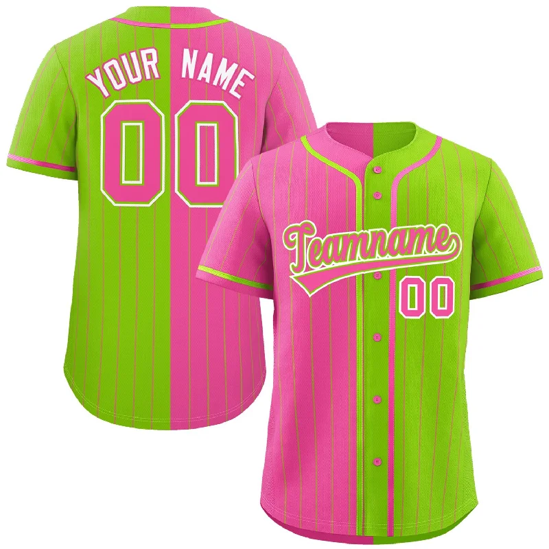 Custom Pink Neon Green Two Tone Striped Fashion Authentic Baseball Jersey Cool Men's Distressed