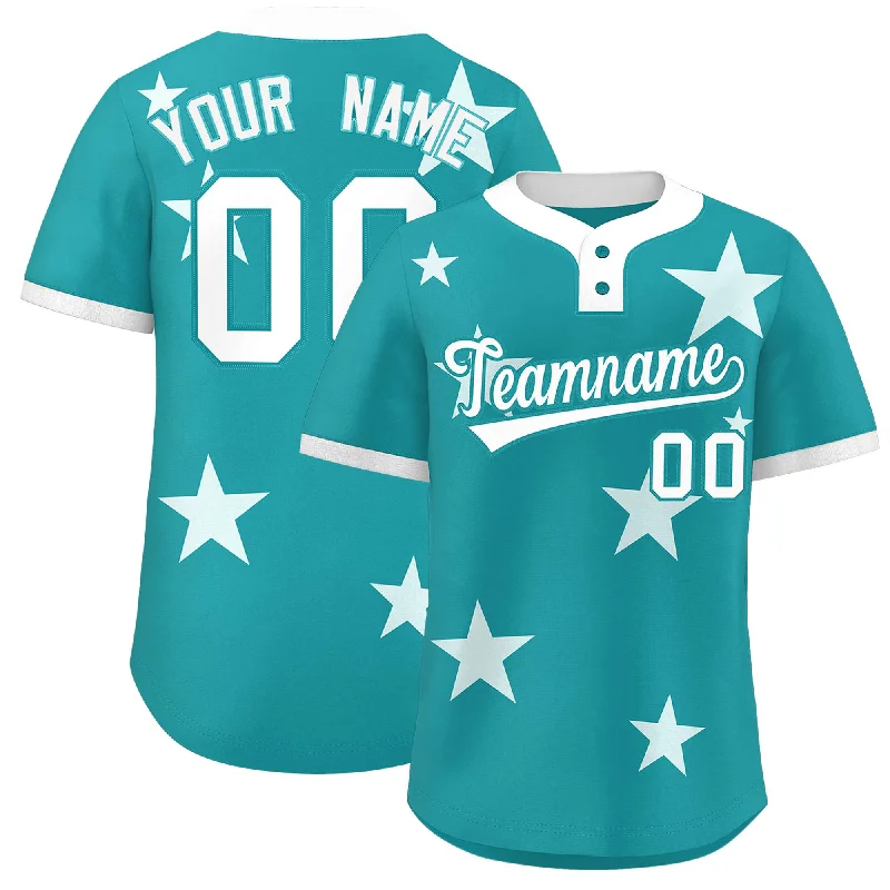 Custom Aqua White Personalized Star Graffiti Pattern Authentic Two-Button Baseball Jersey Lumberjack