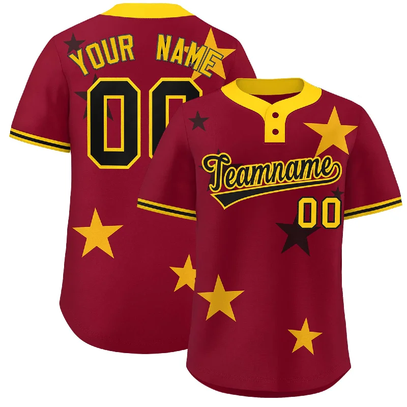 Custom Crimson Gold Personalized Star Graffiti Pattern Authentic Two-Button Baseball Jersey Youthful Men's Anime