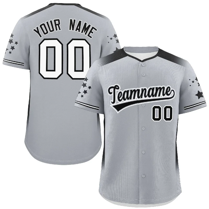 Custom Gray Black Gradient Side Personalized Star Pattern Authentic Baseball Jersey Sleek Men's Contemporary 