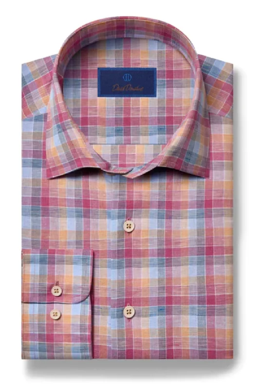 David Donahue Berry & Blue Plaid Linen Shirt Luxurious Men's High