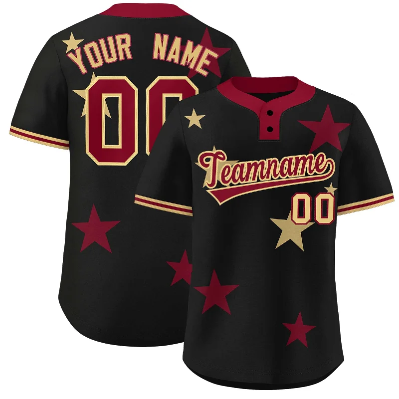 Custom Black Crimson Personalized Star Graffiti Pattern Authentic Two-Button Baseball Jersey Confident Men's High