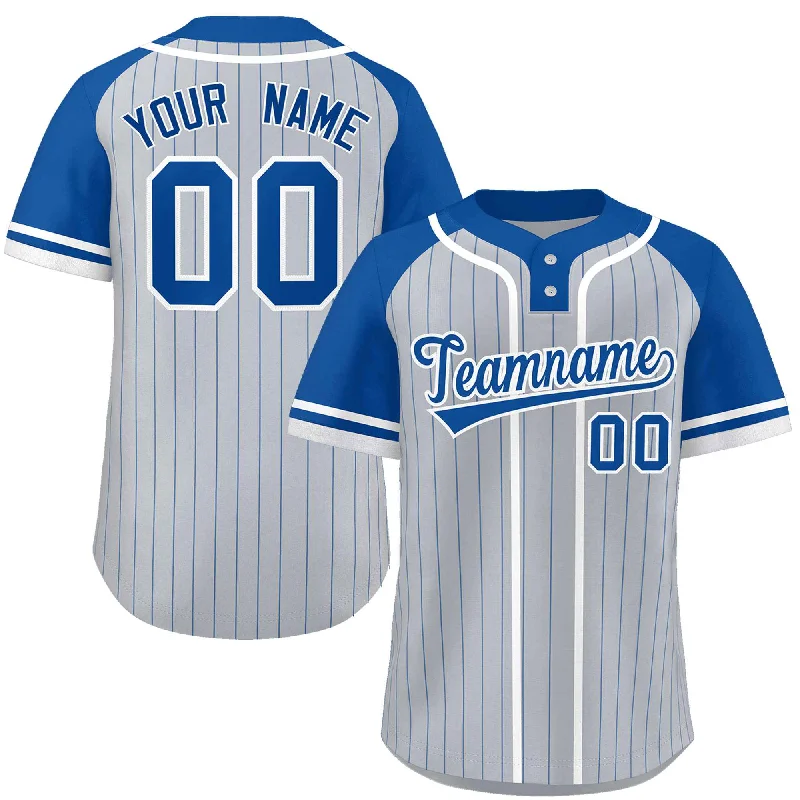 Custom Gray Royal-White Stripe Fashion Raglan Sleeves Authentic Two-Button Baseball Jersey Laid