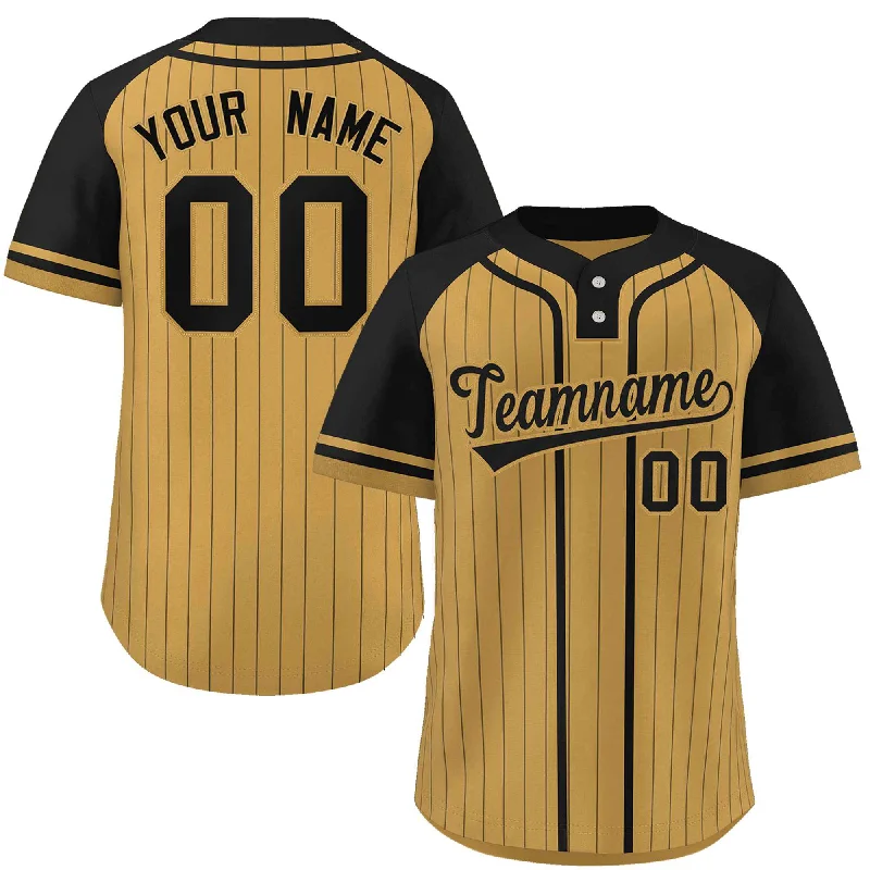 Custom Old Gold Black Stripe Fashion Raglan Sleeves Authentic Two-Button Baseball Jersey Casual Men's Short