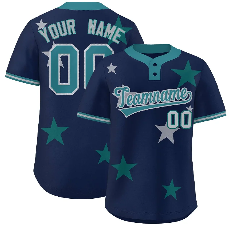 Custom Navy Aqua Personalized Star Graffiti Pattern Authentic Two-Button Baseball Jersey Casual Men's Short