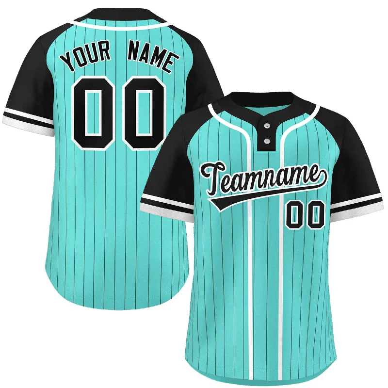 Custom Aqua Black-White Stripe Fashion Raglan Sleeves Authentic Two-Button Baseball Jersey Hip Men's Urban