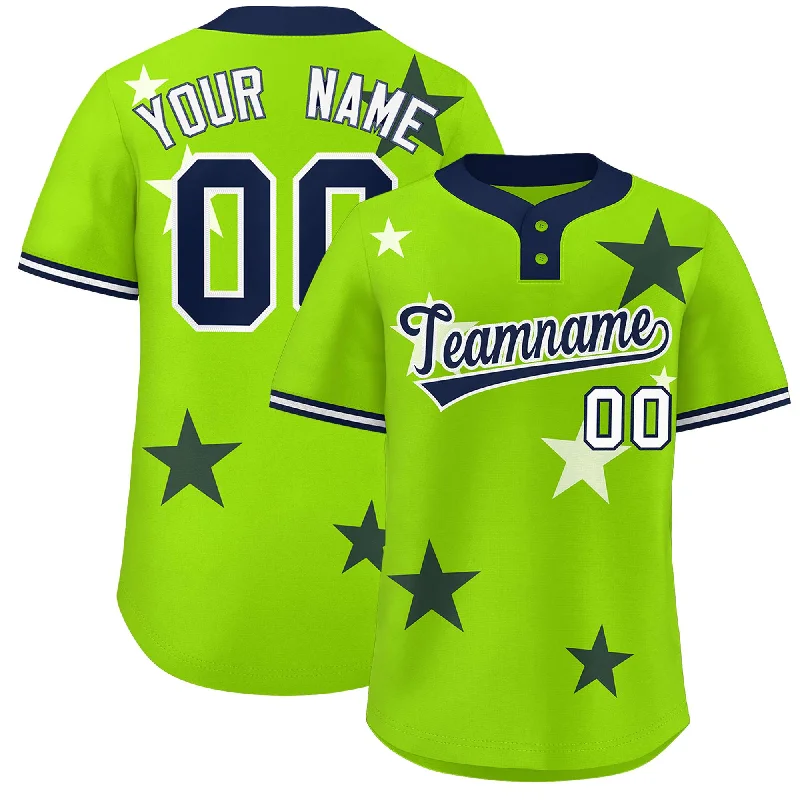 Custom Neon Green Navy Personalized Star Graffiti Pattern Authentic Two-Button Baseball Jersey Athletic Men's Compression