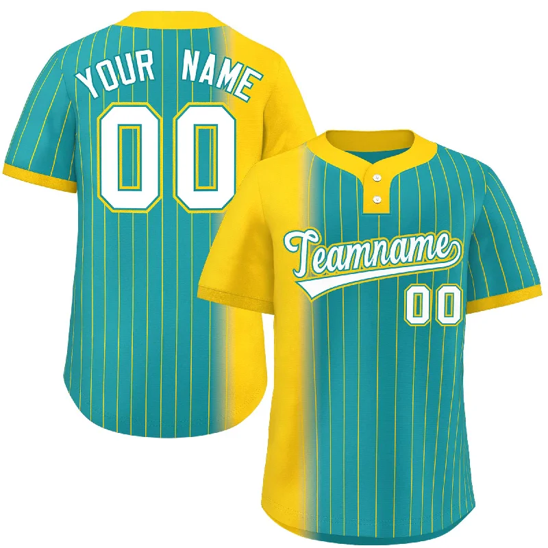 Custom Gold Aqua Gradient Stripe Fashion Authentic Two-Button Baseball Jersey Cool Men's Distressed