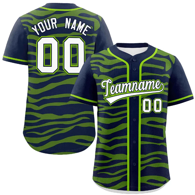 Custom Navy Neon Green Zebra Stripes Graffiti Pattern Authentic Baseball Jersey Polished Men's Silk