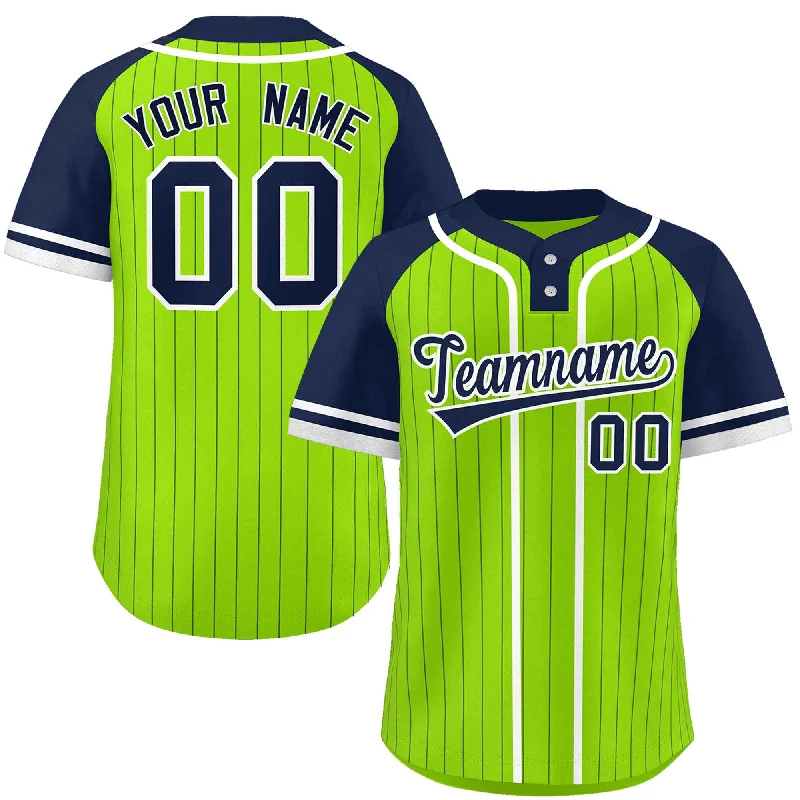 Custom Neon Green Navy-White Stripe Fashion Raglan Sleeves Authentic Two-Button Baseball Jersey Bold Men's Animal