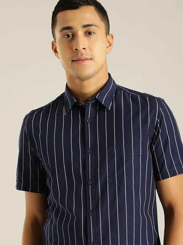 Men Striped Half Sleeve Cotton Stretch Shirt Refined Men's Velvet