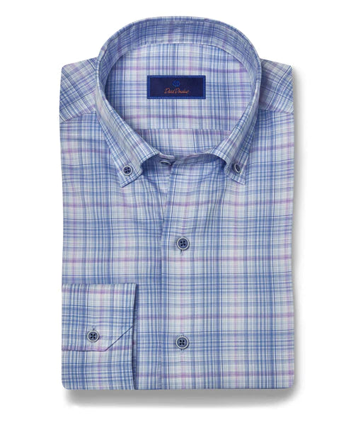 David Donahue Blue & Lilac Twill Check Shirt Refined Men's Classic 