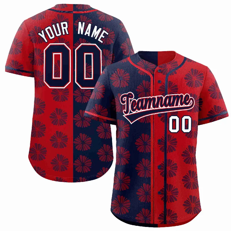 Custom Navy Red Split Fashion Flower Graffiti Pattern Authentic Baseball Jersey Preppy Men's College