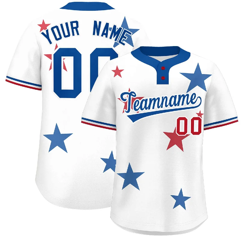 Custom White Royal Personalized Star Graffiti Pattern Authentic Two-Button Baseball Jersey Bold Men's Statement