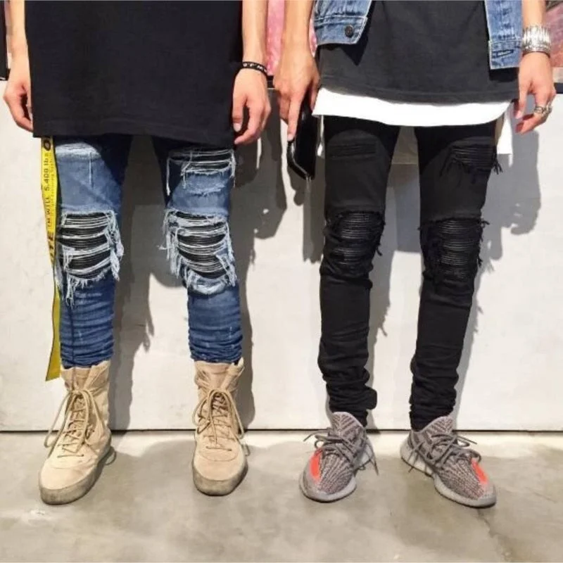 Men's Denim Ripped Casual Stripe Patch High Street Straight Leg Jeans Masculine Men's Thick